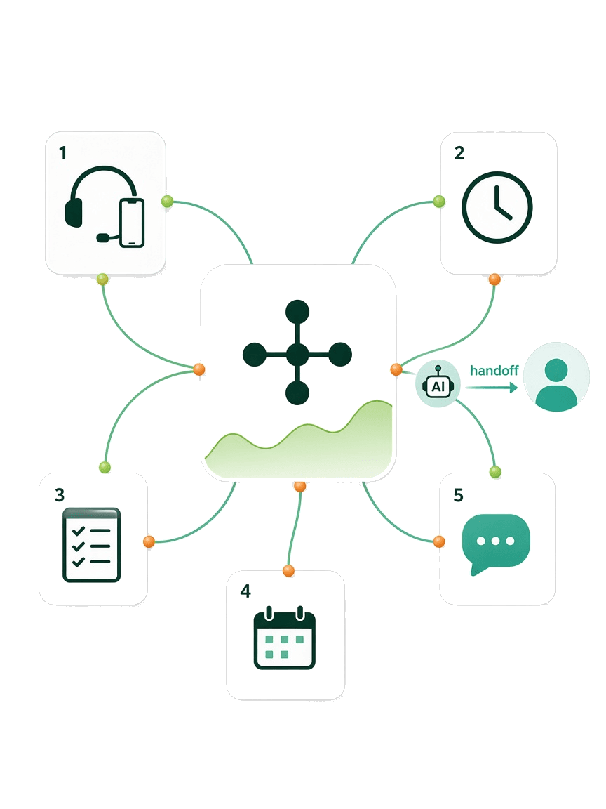 Human handoff and connected workflows across CRM, calendar, and messaging