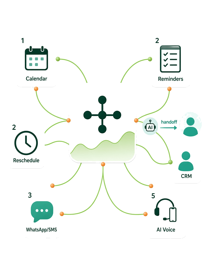 Appointment workflows across calendar, CRM, WhatsApp, and voice
