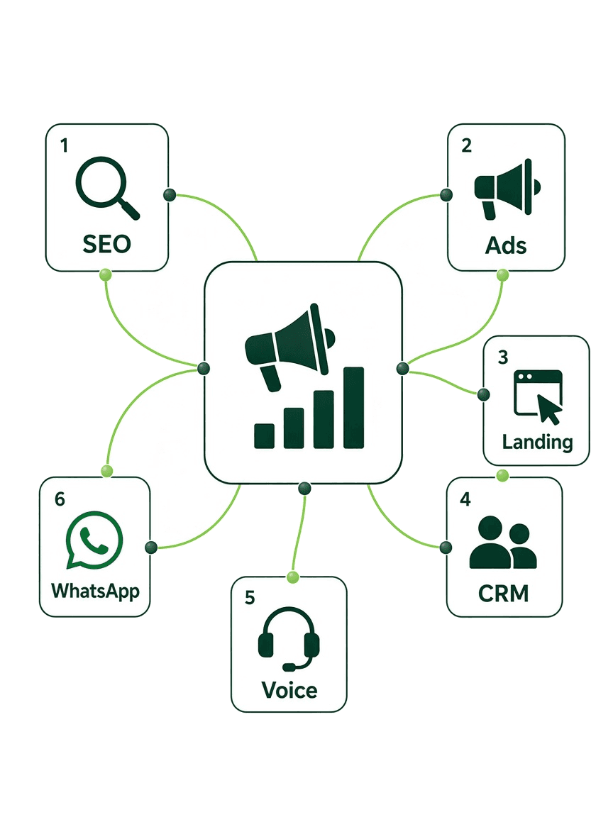 Digital marketing workflows across SEO, ads, landing pages, CRM, voice, and WhatsApp