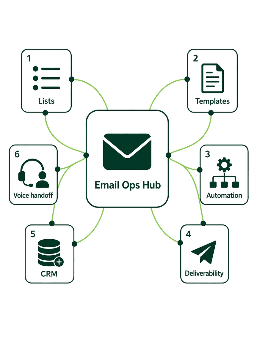 Email workflows across lists, templates, automation, deliverability, CRM, and voice handoff