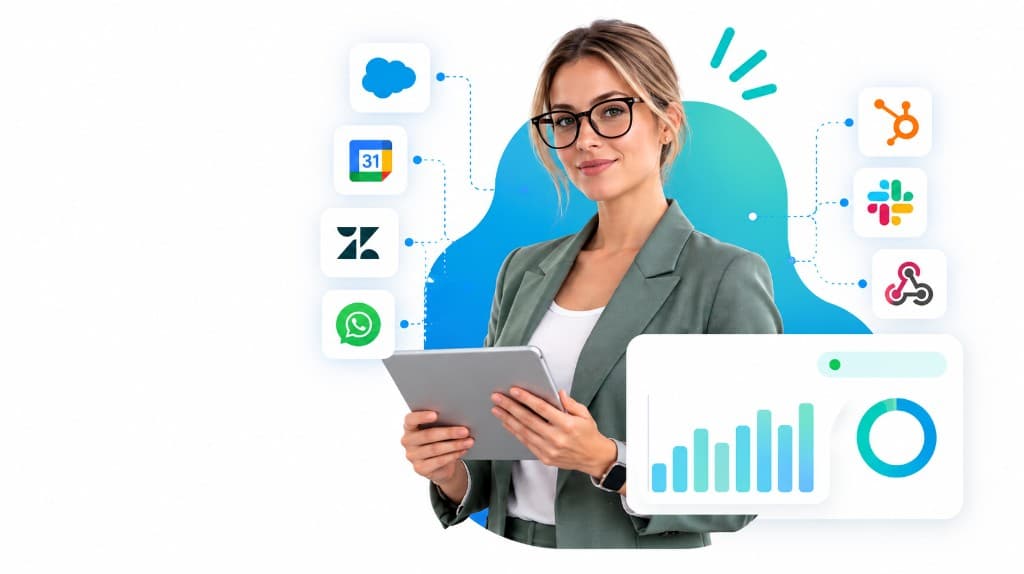 Integrations connecting CRM, calendars, WhatsApp, helpdesk, and custom APIs