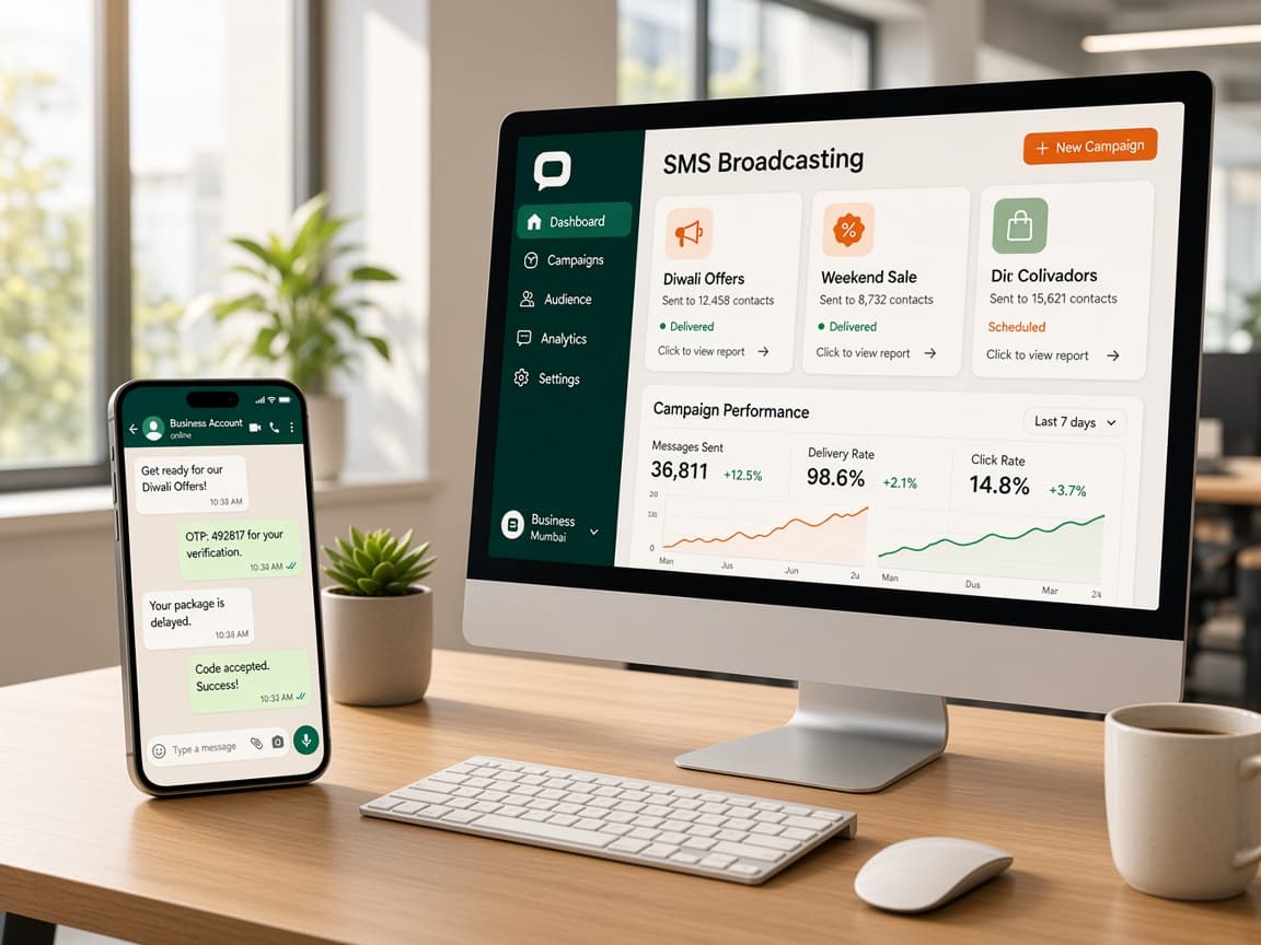 SMS Broadcasting dashboard with bulk campaign analytics and mobile message thread