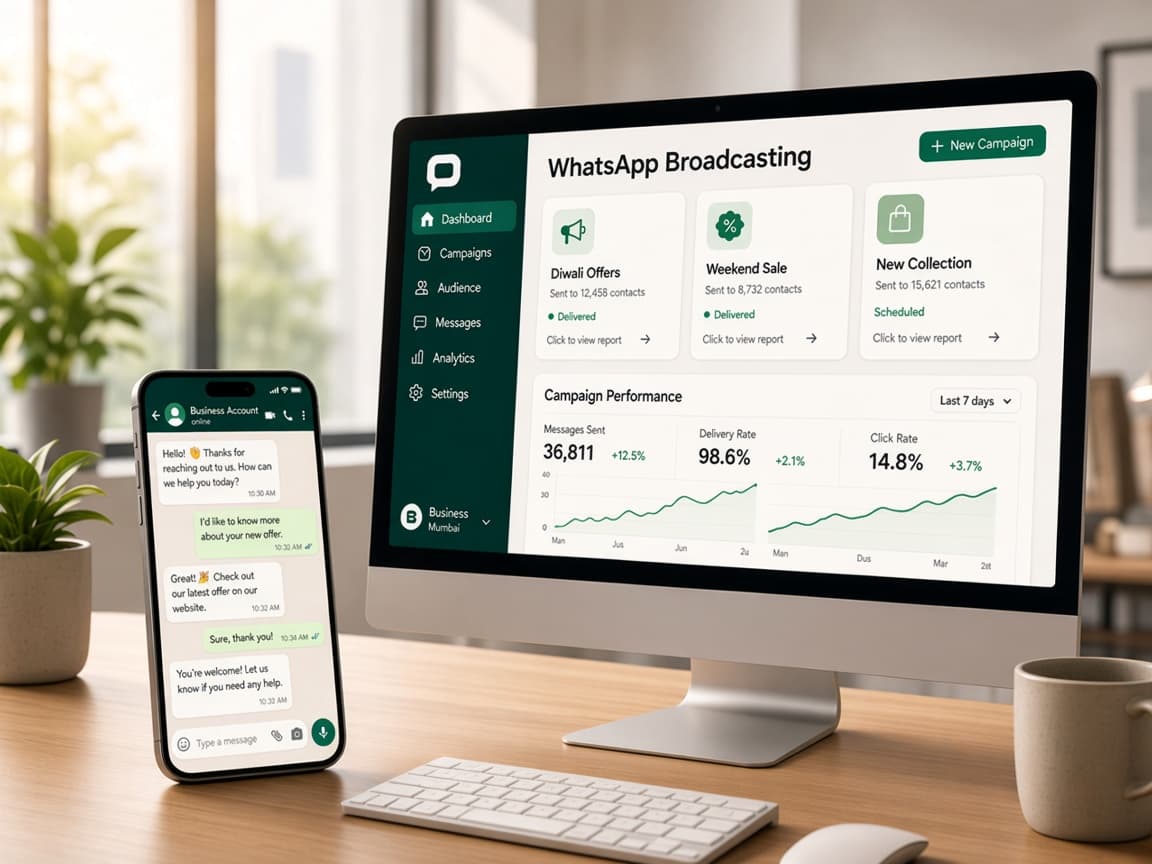 WhatsApp Broadcasting dashboard with campaign analytics and business chat on mobile